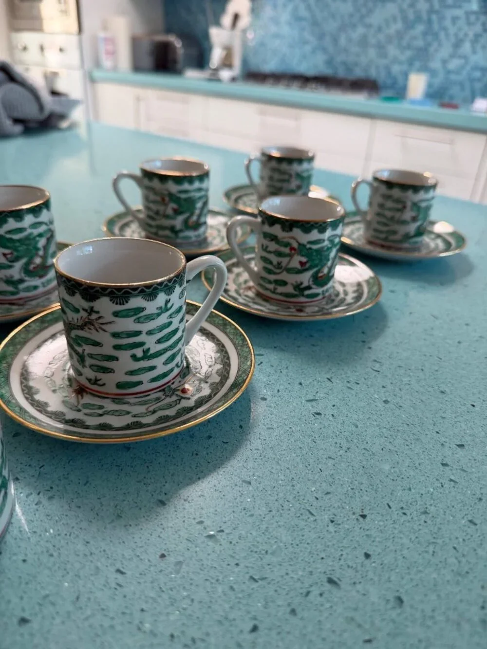 Vintage Chinese Porcelain Set of 6 Demitasse Cup, Saucer Set Sugar And Creamer